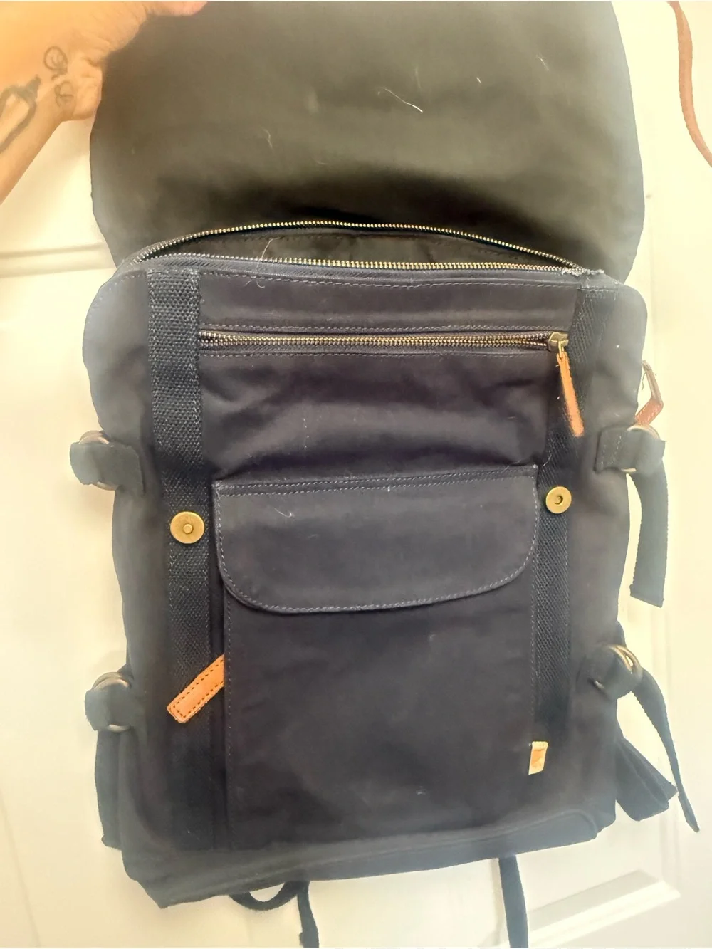 The Normal Brand Top Side Leather And Navy Canvas Backpack Travel Work Bag